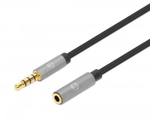 Manhattan Stereo Audio 3.5mm Extension Cable, 1m, Male/Female, Slim Design, Black/Silver, Premium with 24 karat gold plated contacts and pure oxygen-free copper (OFC) wire, Lifetime Warranty