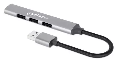 Manhattan USB-A 4-Port Hub, 4x USB-A Ports (1x 5 Gbps USB 3.2 Gen1 aka USB 3.0, 3 x 480 Mbps USB 2.0), Bus Powered, Aluminium, Space Grey, Three Year Warranty, Blister