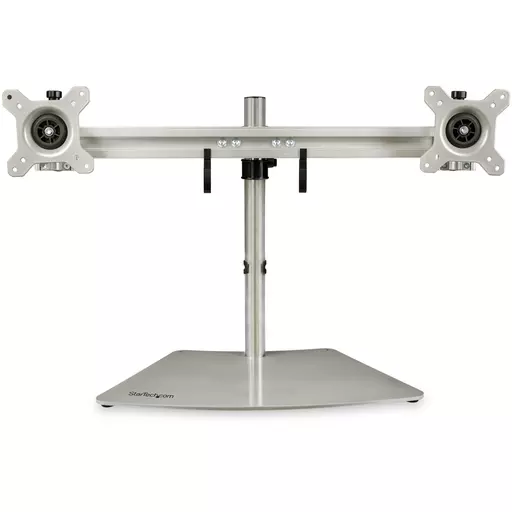 StarTech.com Dual Monitor Stand - Ergonomic Free Standing Dual Monitor Desktop Stand for two 24" VESA Mount Displays - Synchronized Height Adjustable - Double Monitor Pole Mount - Silver