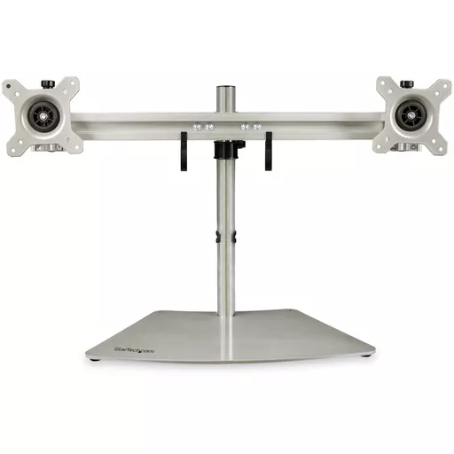 StarTech.com Dual Monitor Stand - Ergonomic Free Standing Dual Monitor Desktop Stand for two 24" VESA Mount Displays - Synchronized Height Adjustable - Double Monitor Pole Mount - Silver