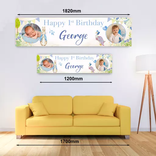 Personalised Banner - Peter Rabbit & Jemima Style Blue Age Photo Banner