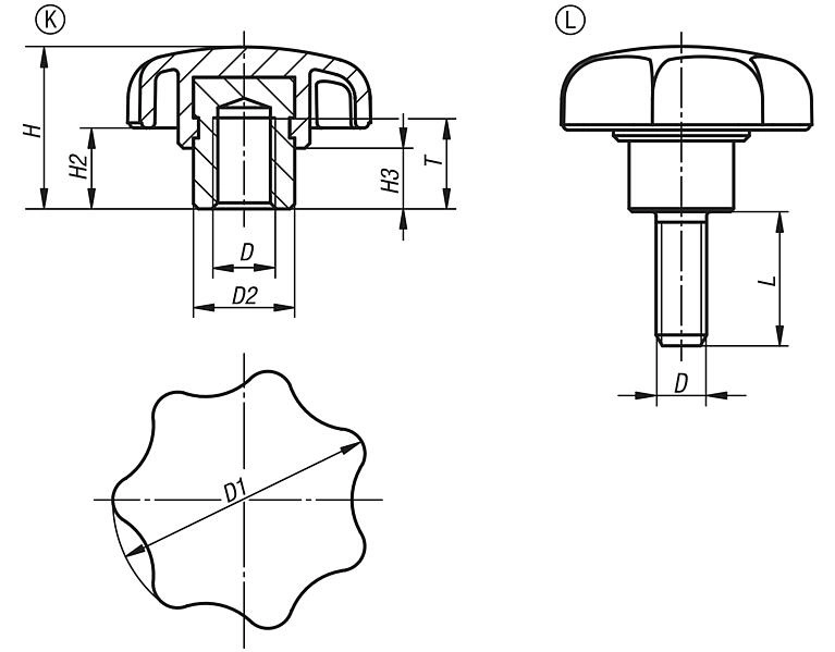 Star Grip. Steel Bush. M5 Thread. Plastic. 25mm Grip Diameter. Steel Thread. Plastic.