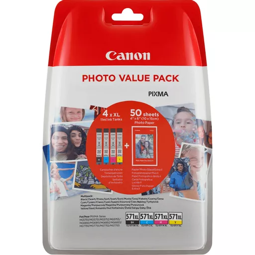 Canon 0332C005/CLI-571XL Ink cartridge multi pack Bk,C,M,Y high-capacity + Photopaper 50 sheet 11ml Pack=4 for Canon Pixma MG 5750/7750