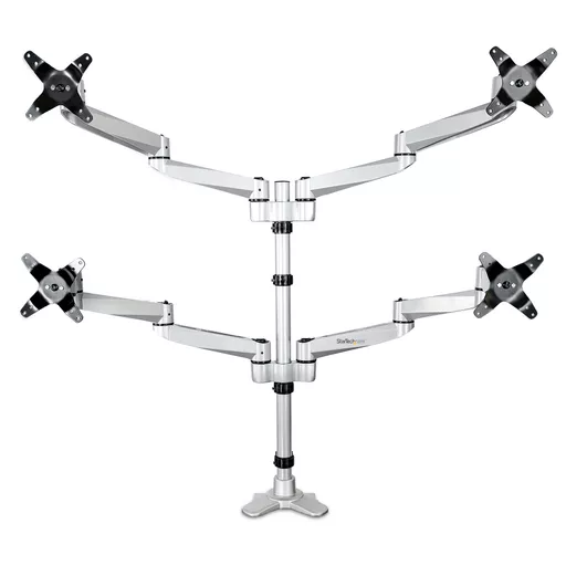 StarTech.com Desk Mount Quad Monitor Arm – Premium Articulating VESA 4 Monitor Mount 2x2 up to 30" – Ergonomic Height Adjustable Pole Mount - Tilt/Swivel/Rotate - C-Clamp/Grommet - Silver