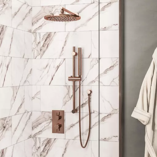 Twin Valve, Round Shower Head, Round Riser Kit, Outlet Elbow, Hose, Handset Brushed Bronze