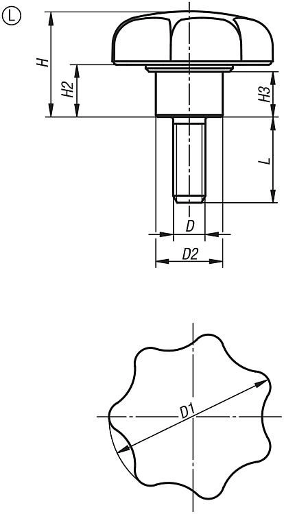 Star Grip. Steel Bush. M6x15mm Thread. Plastic. 32mm Grip Diameter. Steel Thread. Plastic.