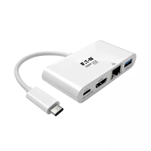 Tripp Lite U444-06N-HGU-C USB-C Multiport Adapter - HDMI, USB 3.x (5Gbps) Hub Port, Gigabit Ethernet, 60W PD Charging, HDCP, White