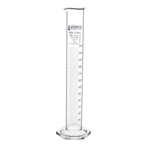 Measuring cylinder, borosilicate glass with glass foot, graduated, 250 cm3 x 2 cm3 graduations, with spout.