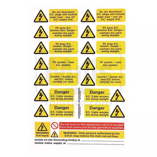 Solar PV Array Self Adhesive Vinyl Label Set - Pack of 5 Sheets