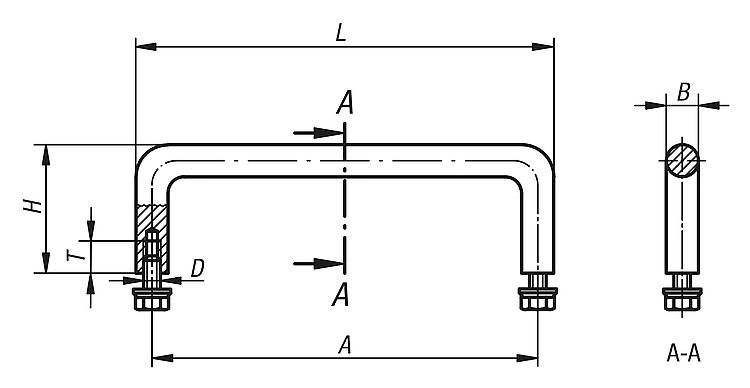 PULL HANDLE A=100, L=108, H=35, STAINLESS STEEL 1.4404 SEMI-GLOSS VIBRATORY, D=M05x10