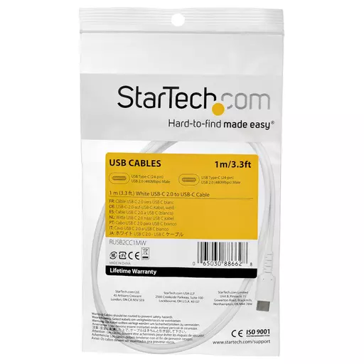 StarTech.com 1m USB C Charging Cable - Durable Fast Charge & Sync USB 2.0 Type C to USB C Laptop Charger Cord - TPE Jacket Aramid Fiber M/M 60W White - Samsung S10 S20 iPad Pro MS Surface