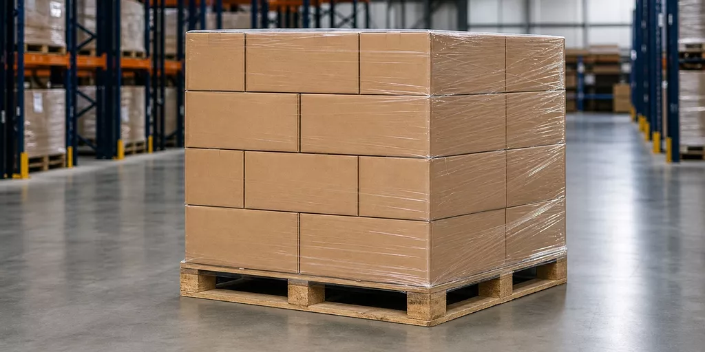 Stretch-wrapped cartons on a pallet in a warehouse
