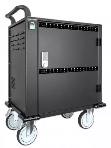 Manhattan Charging Cabinet/Cart via USB-C x32 Devices, Trolley, Power Delivery 18W per port (576W total), Suitable for iPads/other tablets/phones/smaller chromebooks, Bays 330x22x235mm, Device charging cables not included, Lockable (PIN code), EU & UK pow