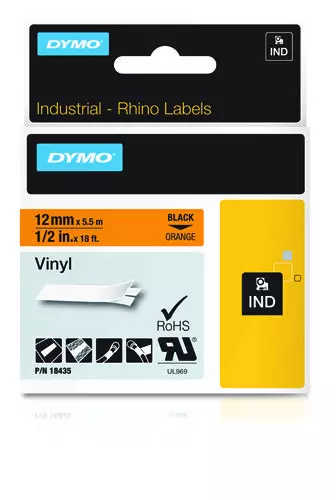 Dymo 18435/S0718490 Ribbon Vinyl black on orange 12mm x 5,5 m for Dymo Rhino 6-12mm/19mm/24mm