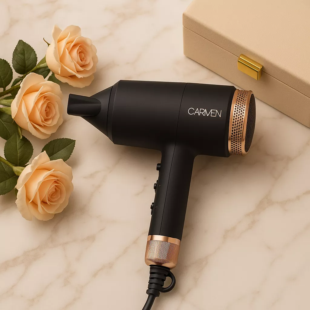 Elegant Hair Dryer and Roses Arrangement.png