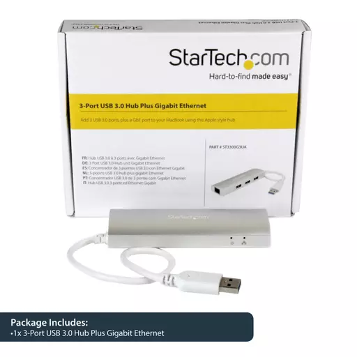 StarTech.com 3-Port Portable USB 3.0 Hub plus Gigabit Ethernet - Built-In Cable~3-Port Portable USB 3.0 Hub plus Gigabit Ethernet - 5Gbps - Built-In Cable