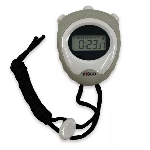 Digital timer/clock/stopwatch, min. 10 mm LCD display, reading to 0.01 second, with memory, 24 hour capacity, with batteries.
