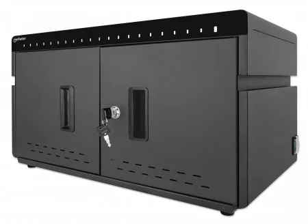 Manhattan Charging Cabinet/Cart via USB-C x20 Devices, Desktop, Power Delivery 18W per port (360W total), Suitable for iPads/other tablets/phones, Bays 264x22x235mm, Device charging cables not included, Silent Ventilation, Lockable (2 keys), EU & UK power