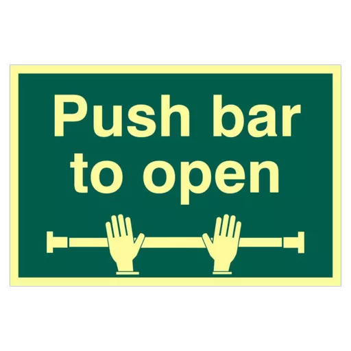 ASEC `Push Bar To Open` 200mm x 300mm PVC Self Adhesive Photo luminescent Sign