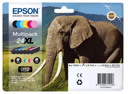 Epson C13T24384011/24XL Ink cartridge multi pack Bk,C,M,Y,LC,LM high-capacity, 6x740 pages 500pg + 5x740 pg, 1x10ml + 3x9ml + 2x10ml Pack=6 for Epson XP 750