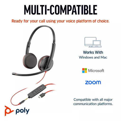 POLY Blackwire 3225 Stereo USB-C Headset +3.5mm Plug +USB-C/A Adapter