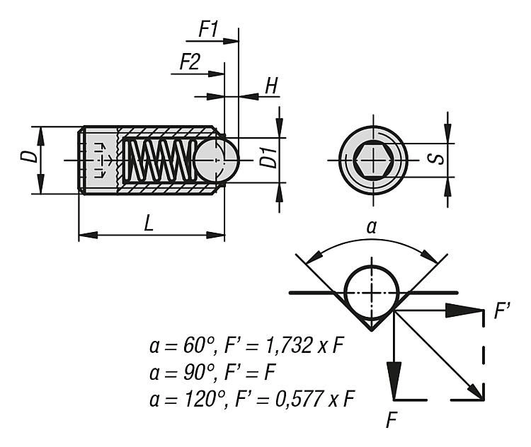 Spring Plunger. Thread M4. Length 16mm. Ball Diameter 2.5mm. Spring Force 4N. Steel.