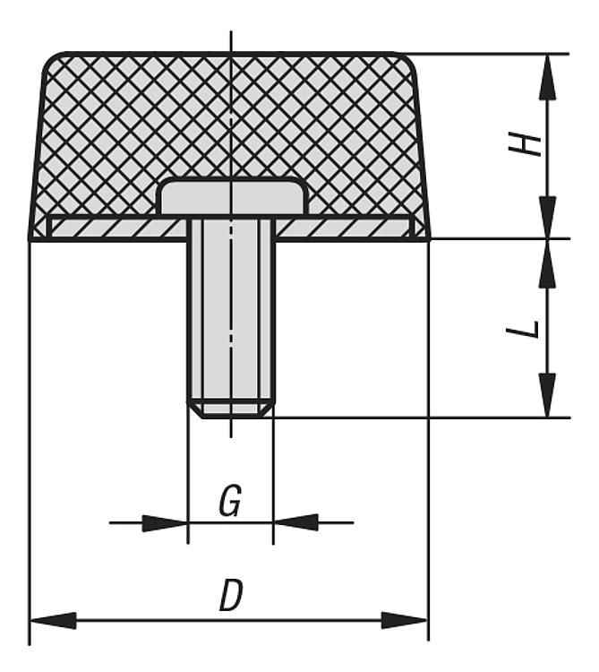 Rubber Metal Buffer. Anti Vibration Mount. 25mm Diameter. 17mm High. M6x18mm Thread. Steel.