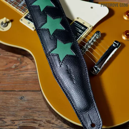 GS96 Leather Guitar Strap - Black with Emerald Green Stars