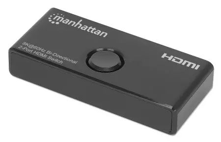 Manhattan HDMI Switch 2-Port, 8K@60Hz, Bi-Directional, Black, Displays output from x1 HDMI source to x2 HD displays (same output to both displays) or Connects x2 HDMI sources to x1 display, Manual Selection, No external power required, 3 Year Warranty