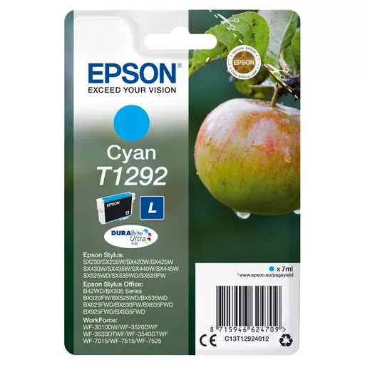 Epson C13T12924012/T1292 Ink cartridge cyan, 460 pages ISO/IEC 19752 7ml for Epson Stylus BX 320/SX 235 W/SX 420/SX 525/WF 3500