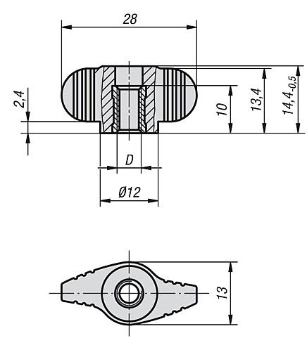 Mini Wing Grip. M4 Thread. 28mm Wing Diameter. Stainless Steel Thread.