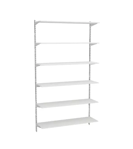 1980mm Chrome Twin Slot Shelving Kit with 6 x 100cm Wooden White Shelves
