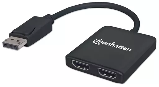 Manhattan DisplayPort 1.2 to 2-Port HDMI Splitter Hub with MST, 4K@30Hz, USB-A Powered, Video Wall Function, HDCP 2.2, Black, Three Year Warranty, Blister