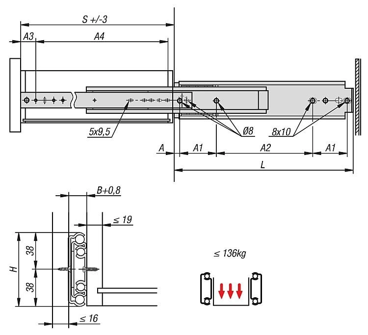 Telescopic Rail. Full Extension. Side Mounting. 810mm Length (Pair).
