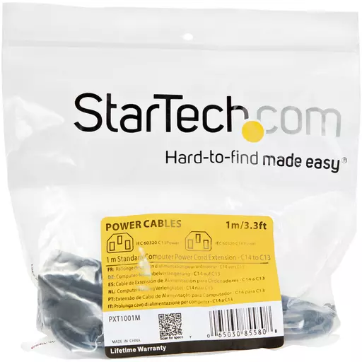 StarTech.com 1m (3ft) Power Extension Cord, C14 to C13, 10A 125V, 18AWG, Computer Power Cord Extension, IEC-320-C14 to IEC-320-C13 AC Power Cable Extension for Power Supply, UL Listed