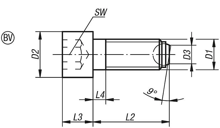BALL-END THRUST SCREW WITH HEAD, FORM:BV BALL FLATTENED/ROTATION LO, M16, L=40, CARBON STEEL,