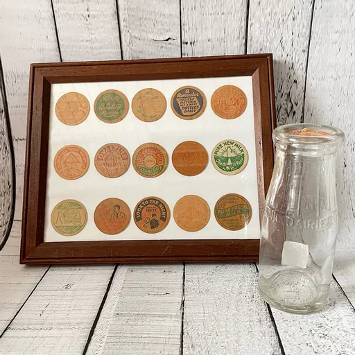 Framed Vintage Milk Bottle Tops and Milk Bottle