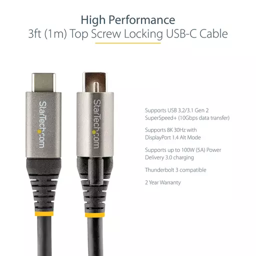 StarTech.com 3ft (1m) Top Screw Locking USB C Cable 10Gbps - USB 3.1/3.2 Gen 2 Type-C Cable - 100W (5A) Power Delivery Charging, DP Alt Mode - Single Screw Lock, USB-C Cord Charge/Sync