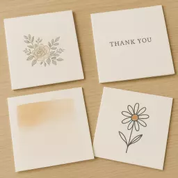 Four square greeting cards on a wooden surface, each with a different printed design including florals, text, and abstract art. 