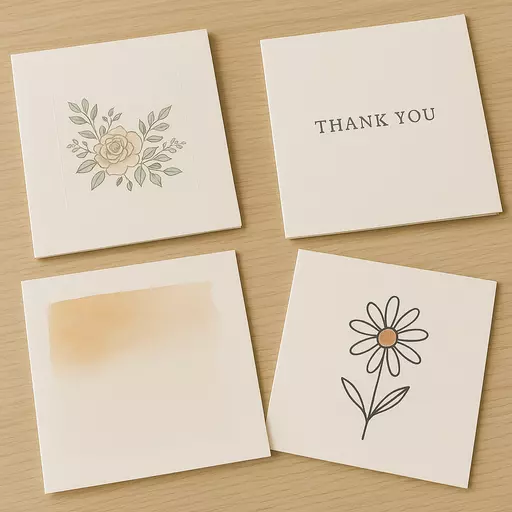 Four square greeting cards on a wooden surface, each with a different printed design including florals, text, and abstract art. 