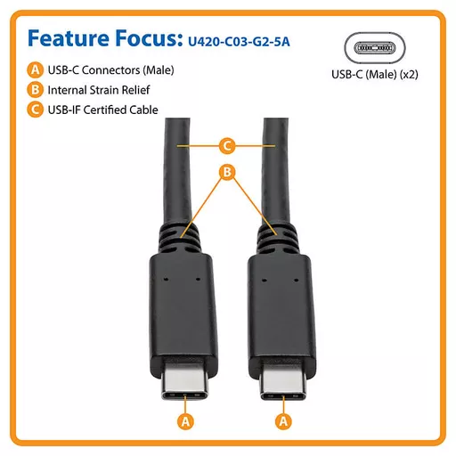 Tripp Lite U420-C03-G2-5A USB-C Cable (M/M) - USB 3.2, Gen 2 (10 Gbps), 5A (100W) Rating, USB-IF Certified, Thunderbolt 3 Compatible, 3 ft. (0.91 m)