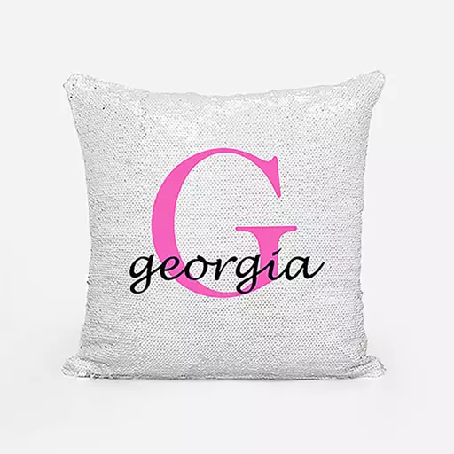 Personalised Sequin Magic Cushion For Her – Custom Initial "G" & Name Gift