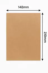Single A5 brown kraft card sheet laid flat with dimension arrows showing 148mm x 210mm.