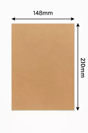 Single A5 brown kraft card sheet laid flat with dimension arrows showing 148mm x 210mm.