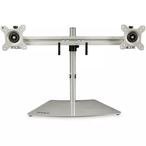 StarTech.com Dual Monitor Stand - Ergonomic Free Standing Dual Monitor Desktop Stand for two 24" VESA Mount Displays - Synchronized Height Adjustable - Double Monitor Pole Mount - Silver