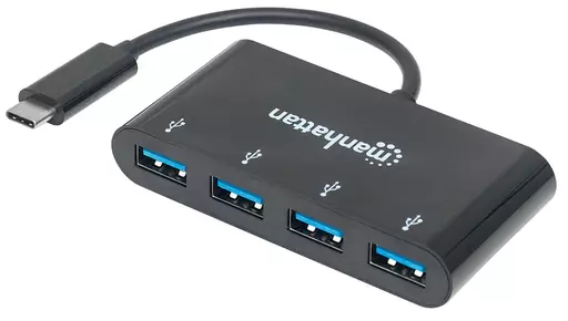 Manhattan USB-C Dock/Hub, Ports (x4): USB-A (x4), 5 Gbps (USB 3.2 Gen1 aka USB 3.0), External Power Supply Not Needed, Equivalent to HB30C4AB, Cable 20cm, SuperSpeed USB, Black, Three Year Warranty, Blister