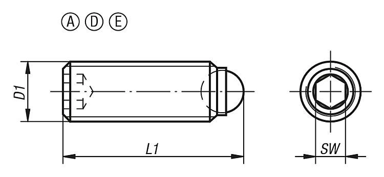 BALL-END THRUST SCREW WITHOUT HEAD, FORM:D BALL POM, M05, L=25, STAINLESS STEEL BRIGHT, COMP:POLYACETAL