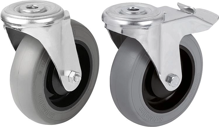 K1789 - Steel Plate Swivel Castors With Soft Rubber Tyres & Bolt Hole