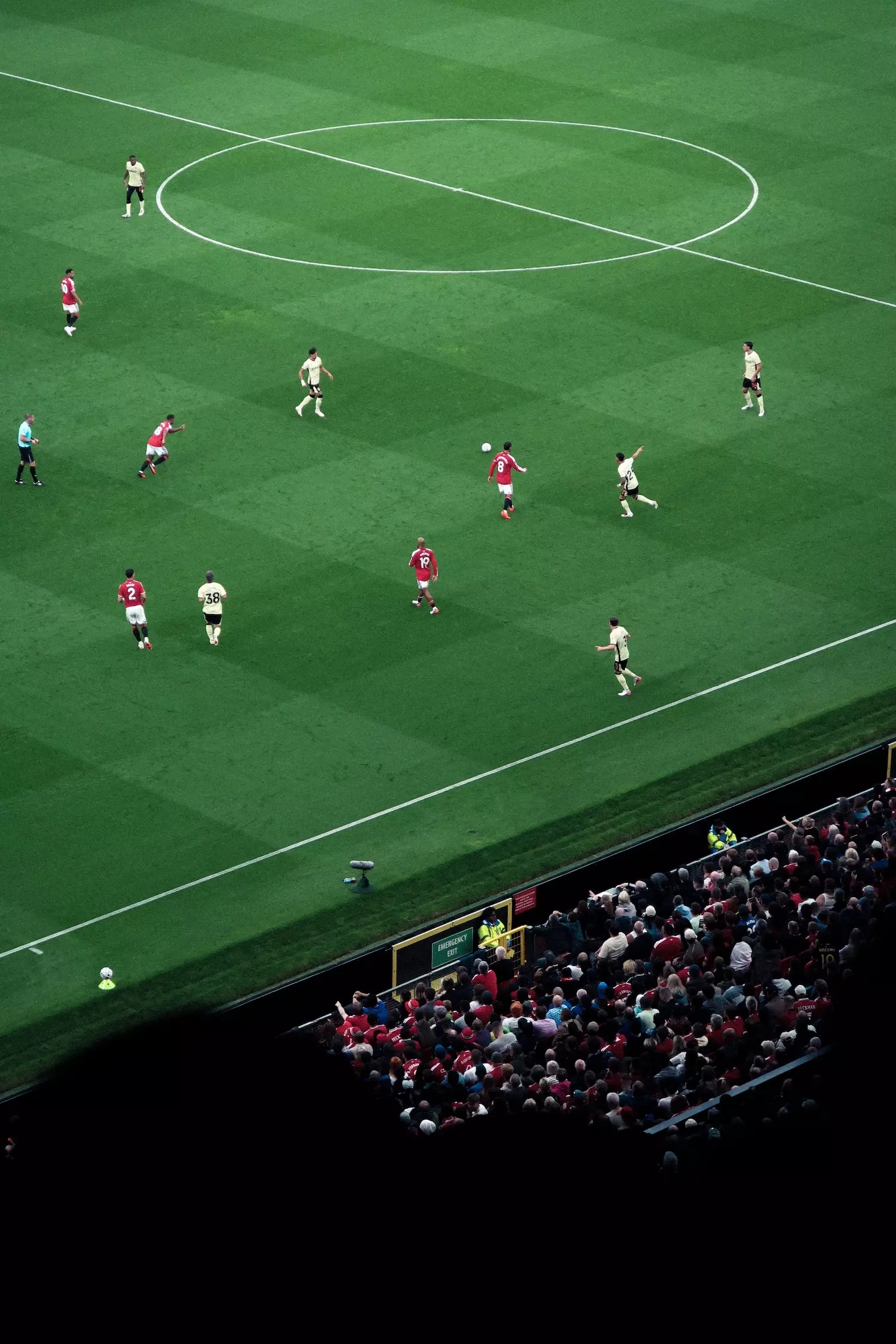 Top view inside Old Trafford football stadium watching Manchester United footballers playing against Ipswich Town