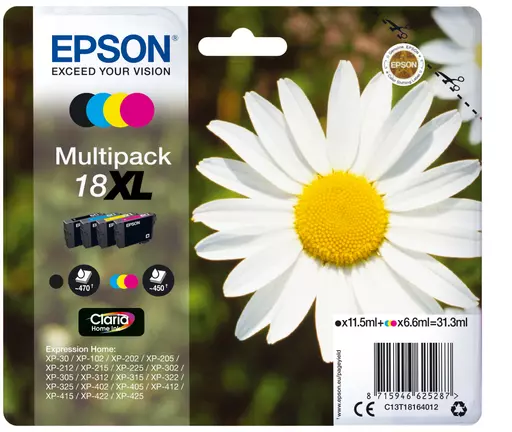 Epson C13T18164022/18XL Ink cartridge multi pack Bk,C,M,Y high-capacity Blister Radio Frequency 470pg + 3x450pg, 1x 12ml + 3x 7ml Pack=4 for Epson XP 30